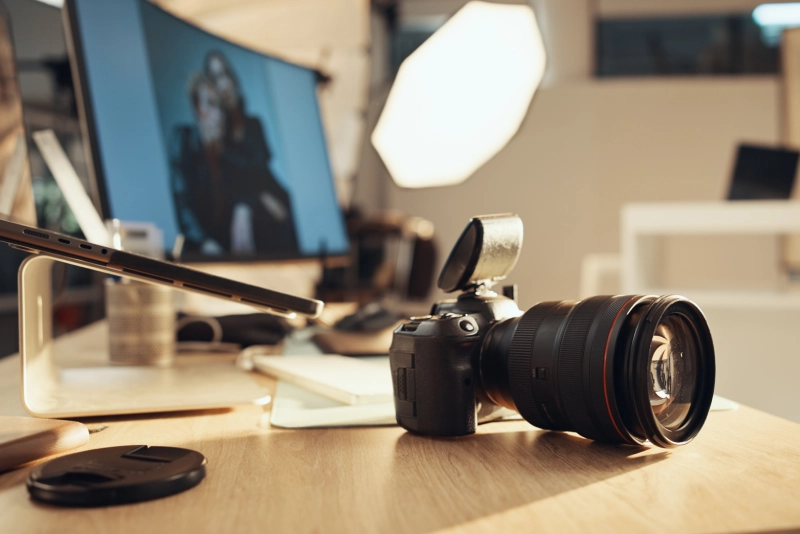 A DSLR camera on a wooden desk in a photography studio setup.