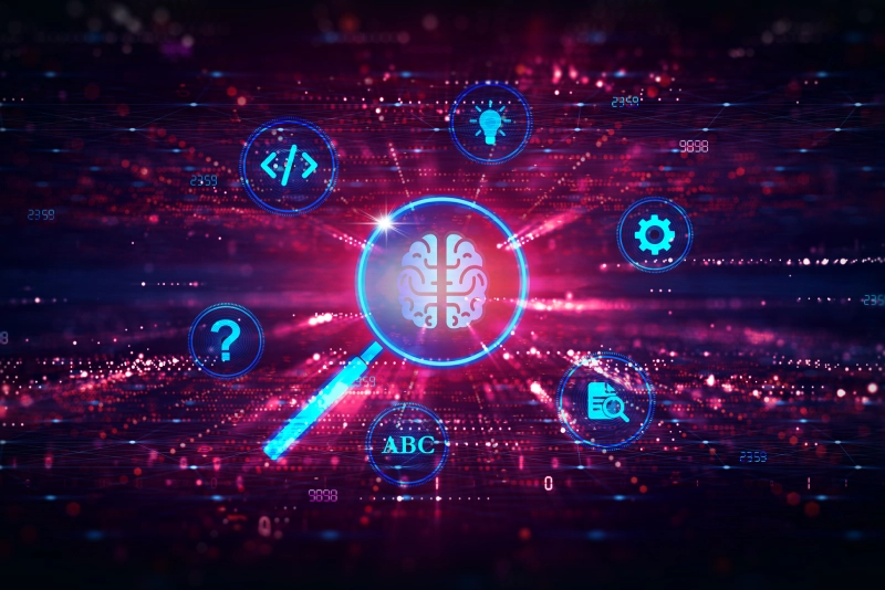 A glowing brain surrounded by AI-related icons and digital connections.